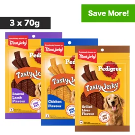 Pedigree Chicken & Liver, Grilled Liver and Roasted Lamb Flavour Tasty Jerky Dog Treat Combo