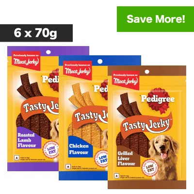 Pedigree Chicken & Liver, Grilled Liver and Roasted Lamb Flavour Tasty Jerky Dog Treat Combo