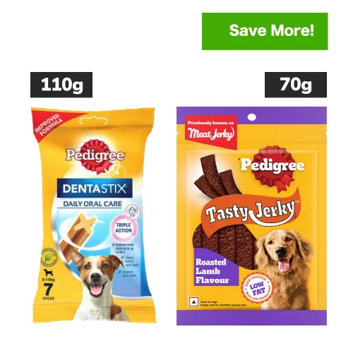 Pedigree Dentastix Oral Care for Adult (Small Breed of 5 to 10 kg) and Roasted Lamb Tasty Jerky Dog Treats Combo