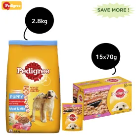 Pedigree Meat & Milk and Chicken Chunks in Gravy Puppy Dry and Wet Food Combo
