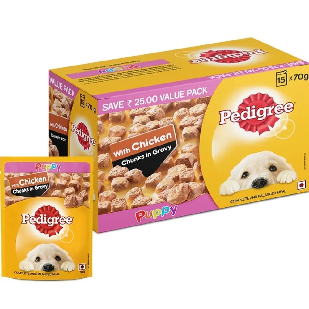 Pedigree Meat & Milk and Chicken Chunks in Gravy Puppy Dry and Wet Food Combo