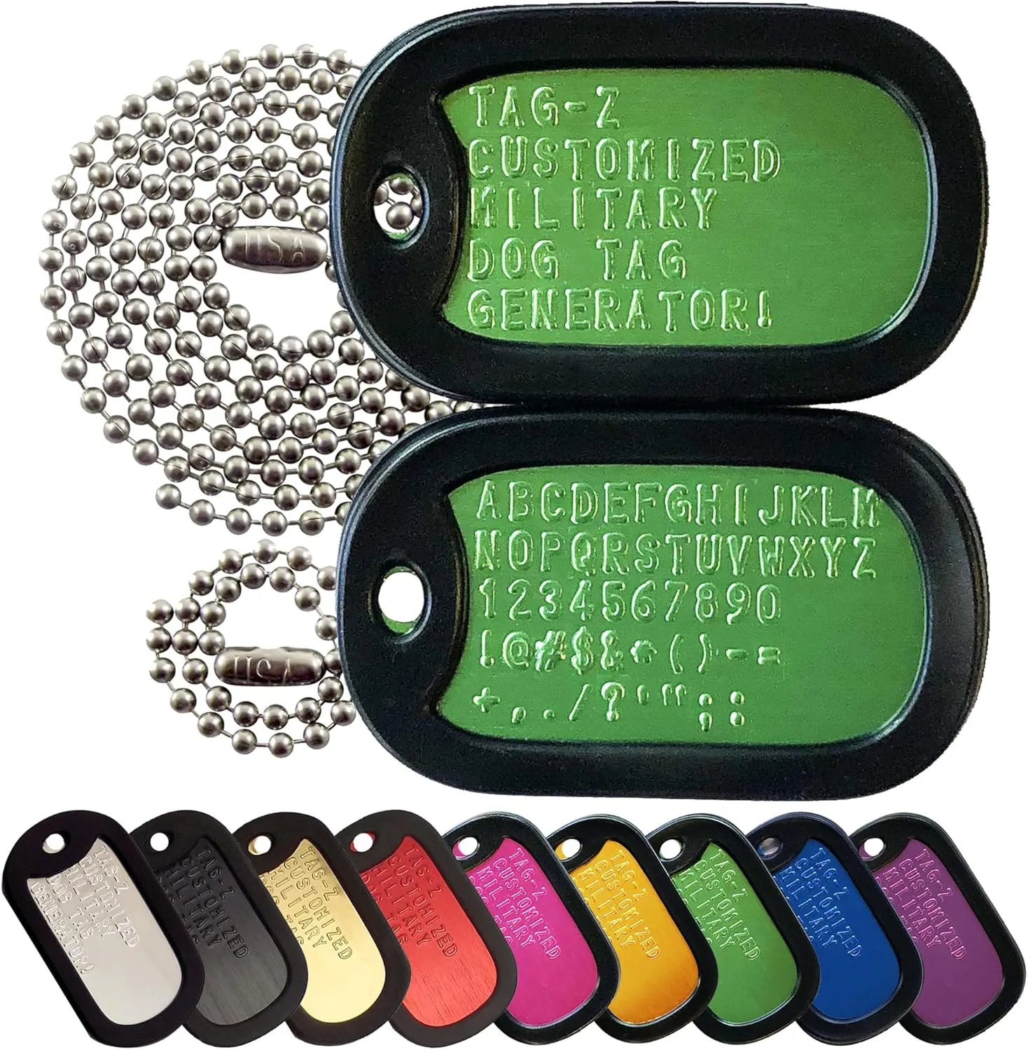 Personalized Military Dog Tags with Silencers and Stainless Steel Chains, Green Aluminum