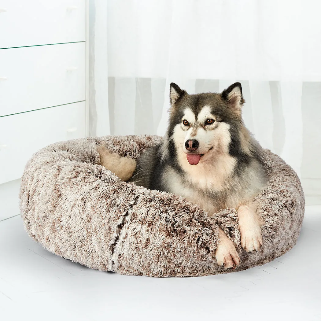 Pet Bed Cat Dog Donut Nest Calming Mat Soft Plush Kennel - Brown Size XL