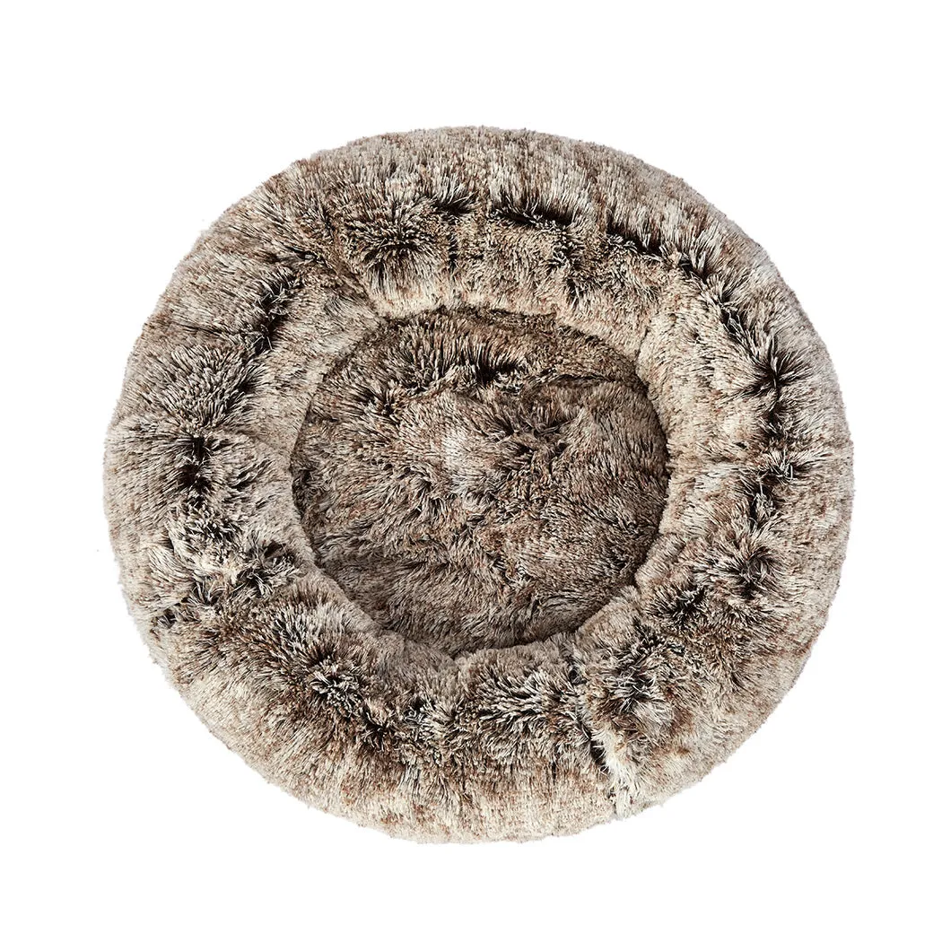 Pet Bed Cat Dog Donut Nest Calming Mat Soft Plush Kennel - Brown Size XL