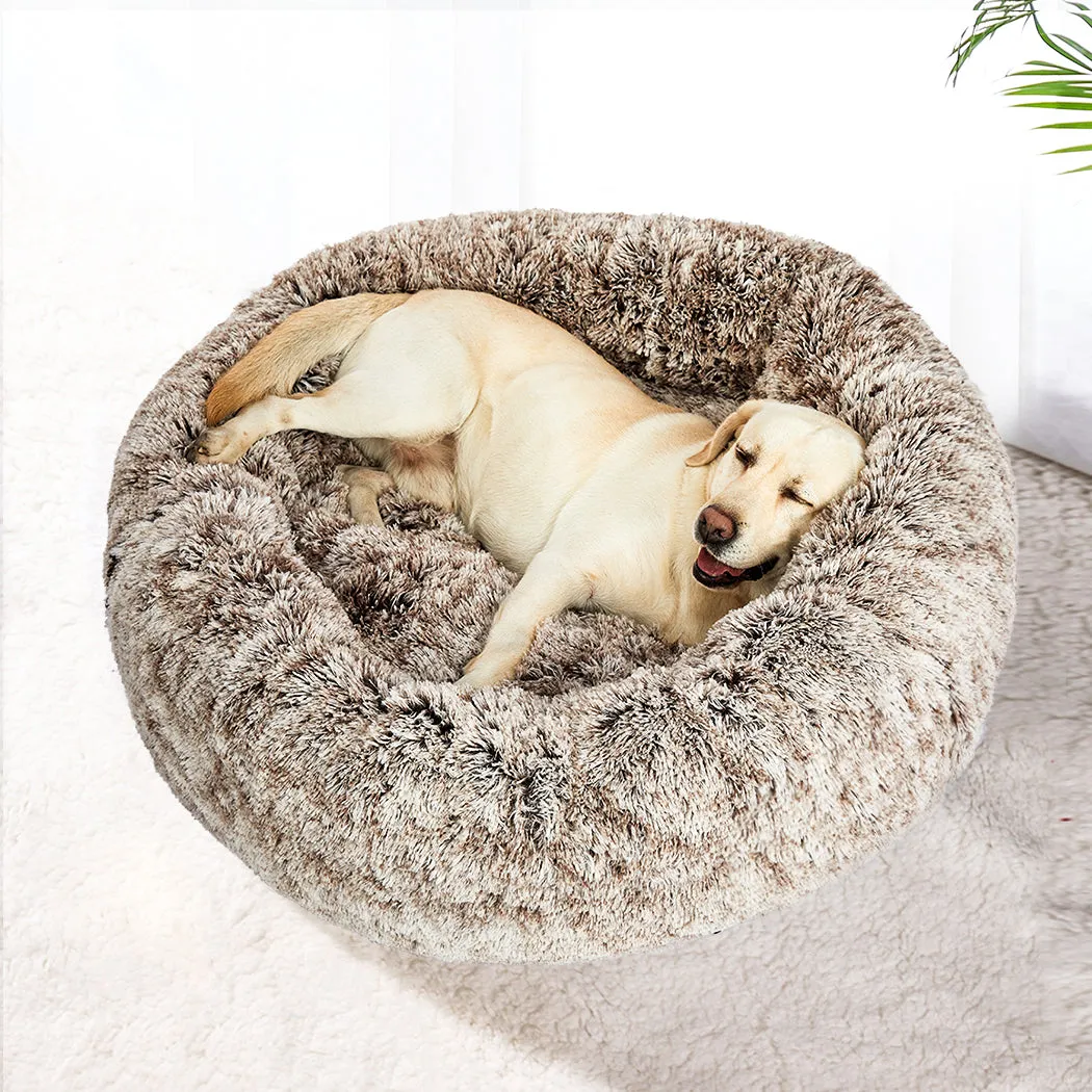 Pet Bed Cat Dog Donut Nest Calming Mat Soft Plush Kennel - Brown Size XL