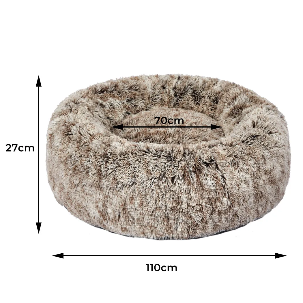 Pet Bed Cat Dog Donut Nest Calming Mat Soft Plush Kennel - Brown Size XL