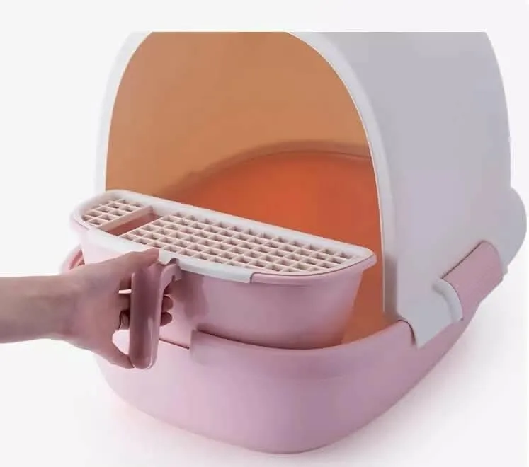 PetGains PGXB DIY Fully Enclosed Litter Box Deodorant Anti-Stink Cat Toilet (Pink & White)
