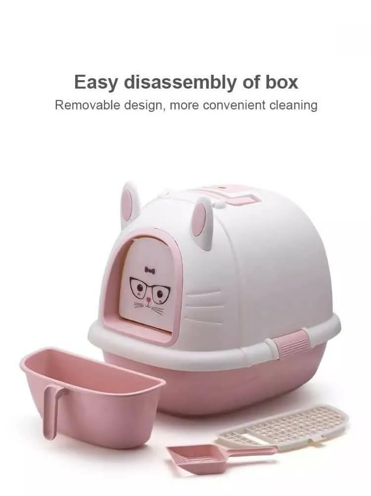 PetGains PGXB DIY Fully Enclosed Litter Box Deodorant Anti-Stink Cat Toilet (Pink & White)