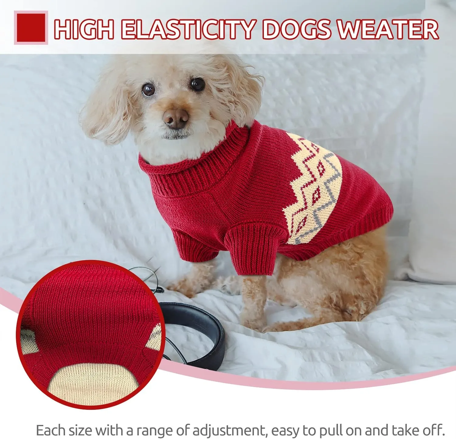 Queenmore Warm Dog Sweater, Soft Pet Knitwear, Knitted Pullover, Winter Pet Clothes for Small Medium Dogs Cats Red