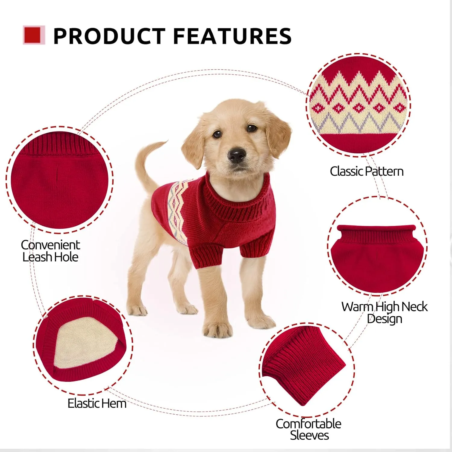 Queenmore Warm Dog Sweater, Soft Pet Knitwear, Knitted Pullover, Winter Pet Clothes for Small Medium Dogs Cats Red