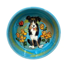 "Blossom Buddy" Hand-Painted Border Collie Bowl