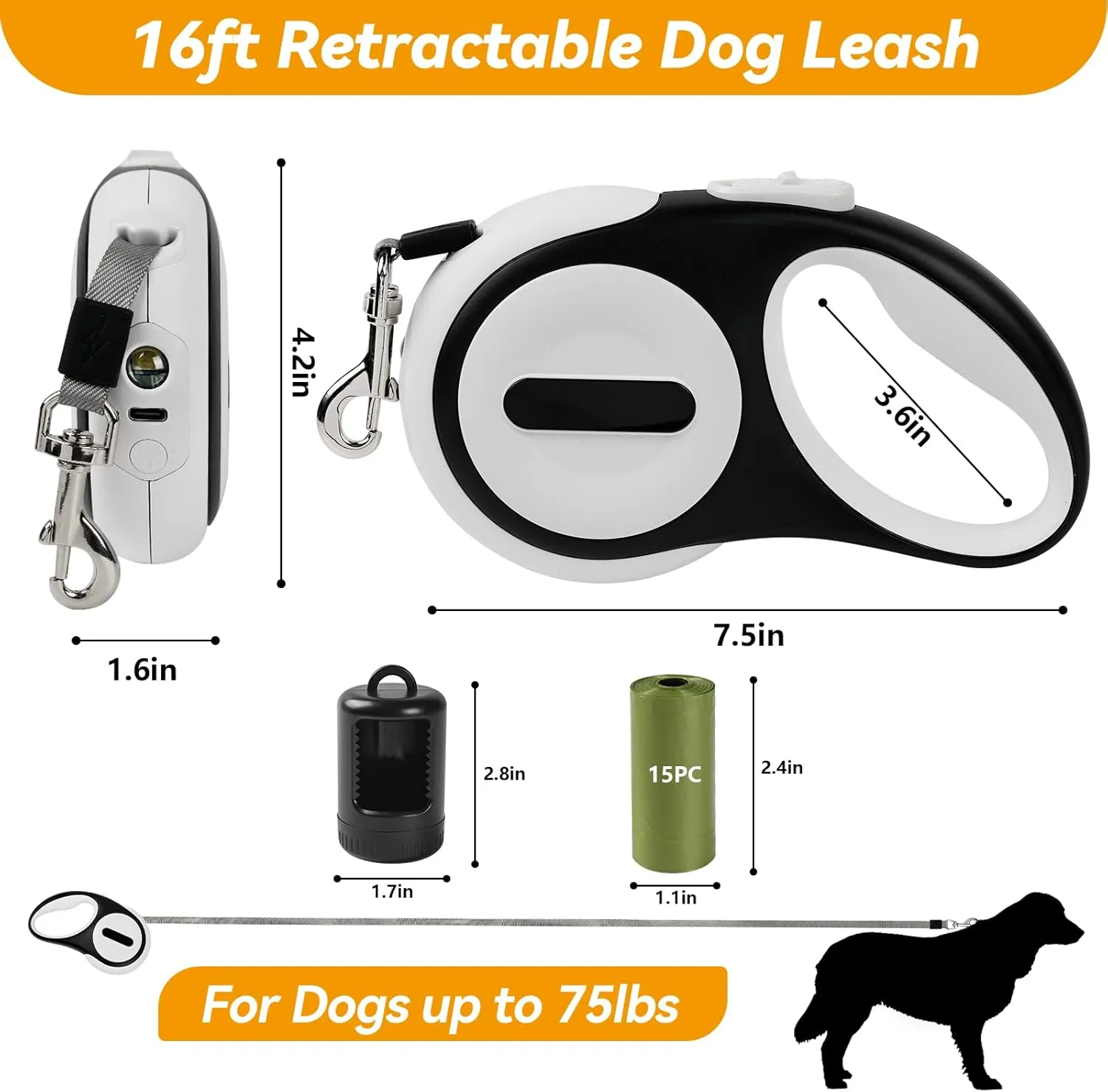 Retractable Dog Leash for Small Dogs-Medium Pet, 16ft for Dog up to 75lbs, with Rechargeable LED Light, Dispenser, Poop Bags, 360 No Tangle, One-Handed Brake & Lock. (White, 16ft 75lb)