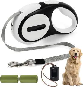 Retractable Dog Leash for Small Dogs-Medium Pet, 16ft for Dog up to 75lbs, with Rechargeable LED Light, Dispenser, Poop Bags, 360 No Tangle, One-Handed Brake & Lock. (White, 16ft 75lb)