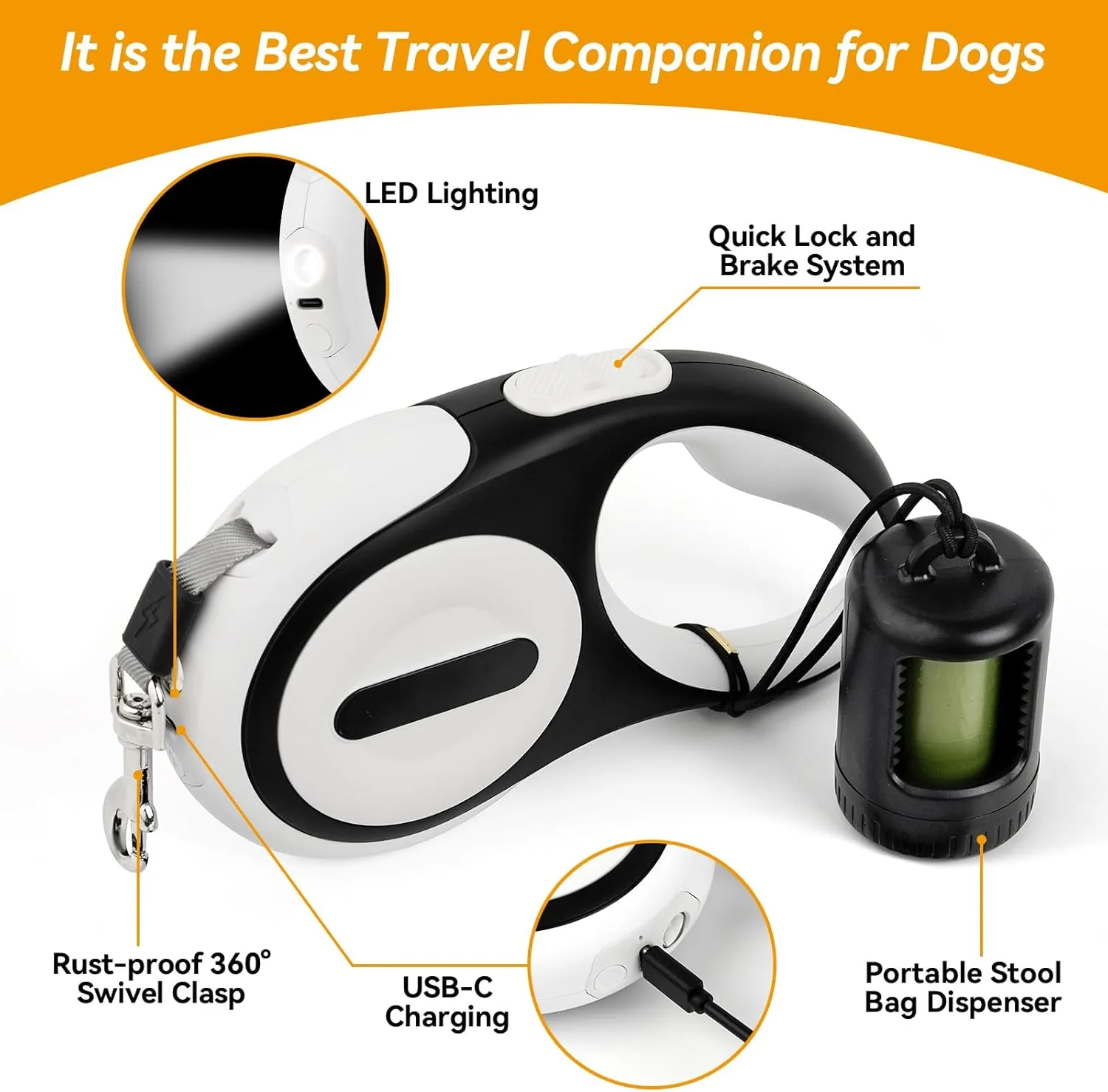 Retractable Dog Leash for Small Dogs-Medium Pet, 16ft for Dog up to 75lbs, with Rechargeable LED Light, Dispenser, Poop Bags, 360 No Tangle, One-Handed Brake & Lock. (White, 16ft 75lb)