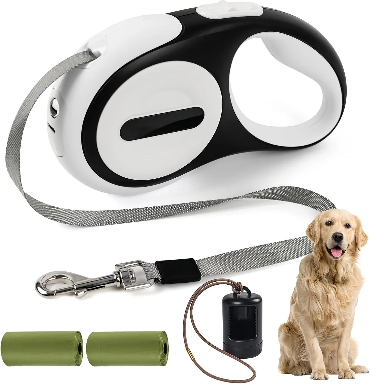 Retractable Dog Leash for Small Dogs-Medium Pet, 16ft for Dog up to 75lbs, with Rechargeable LED Light, Dispenser, Poop Bags, 360 No Tangle, One-Handed Brake & Lock. (White, 16ft 75lb)