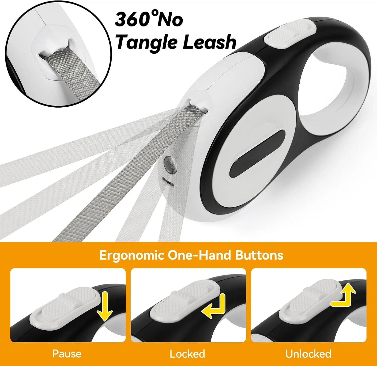 Retractable Dog Leash for Small Dogs-Medium Pet, 16ft for Dog up to 75lbs, with Rechargeable LED Light, Dispenser, Poop Bags, 360 No Tangle, One-Handed Brake & Lock. (White, 16ft 75lb)