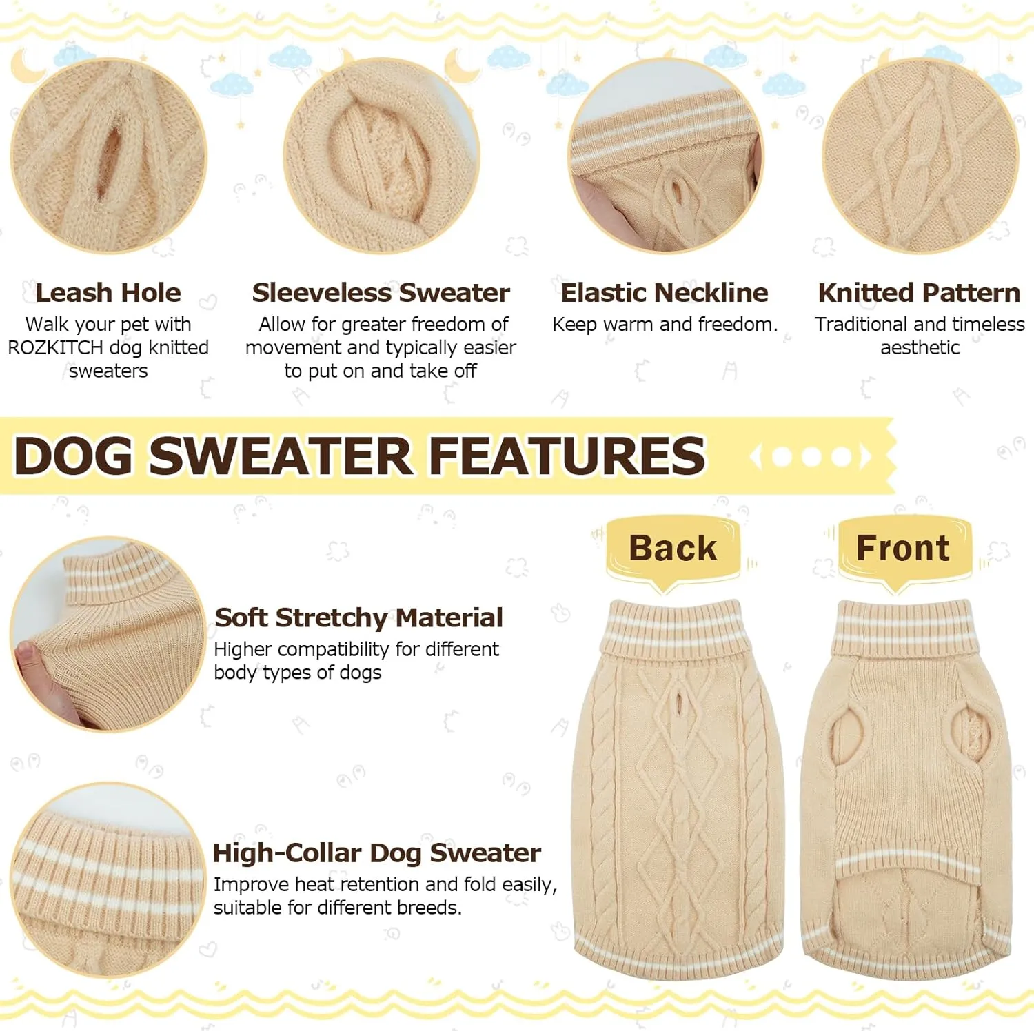 ROZKITCH Dog Sweaters, Pullover Cold Weather Knitwear for Fall Winter, Dog Turtleneck Sweater Classic Thick Warm Clothes Outfit for Chihuahua, Bulldog, Dachshund, Pug, Yorkie Beige L