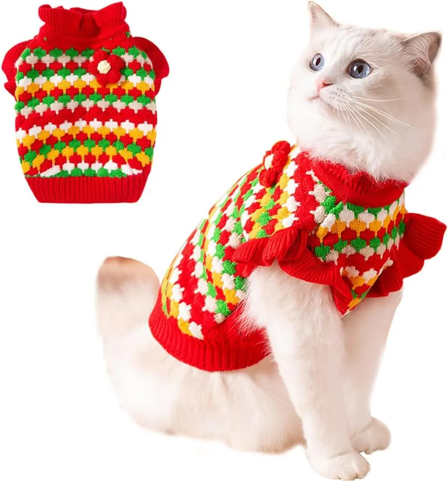 Small Dog Sweater, Knitted Tulip Cat Sweater, Warm Thick Holiday Puppy Clothes for Small Dog Girl,Cold Weather Outfit for Kitten Chihuahua Yorkie Teacup Dachshund Pug (Red, Medium)
