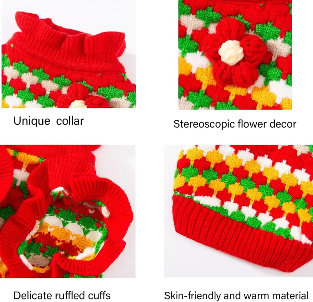 Small Dog Sweater, Knitted Tulip Cat Sweater, Warm Thick Holiday Puppy Clothes for Small Dog Girl,Cold Weather Outfit for Kitten Chihuahua Yorkie Teacup Dachshund Pug (Red, Medium)