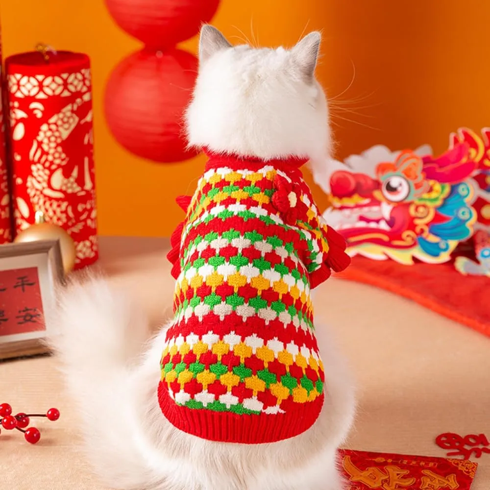 Small Dog Sweater, Knitted Tulip Cat Sweater, Warm Thick Holiday Puppy Clothes for Small Dog Girl,Cold Weather Outfit for Kitten Chihuahua Yorkie Teacup Dachshund Pug (Red, Medium)