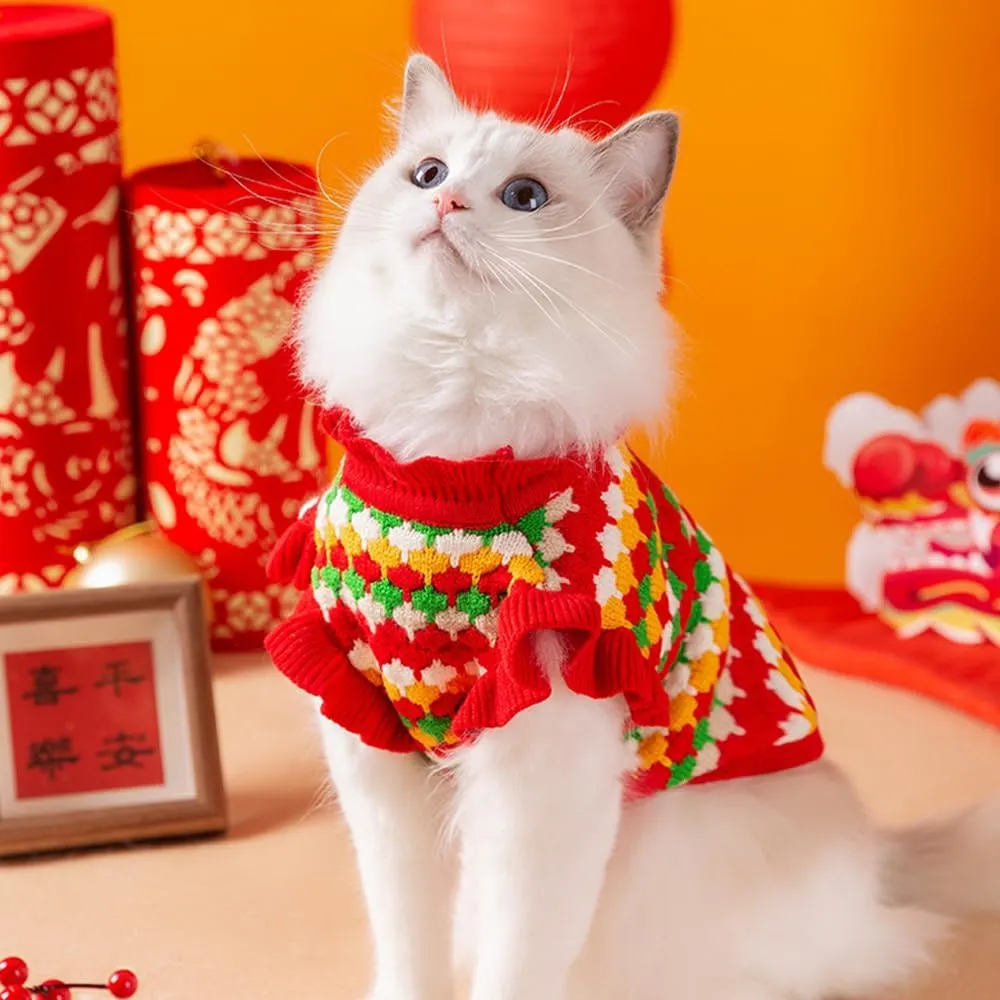 Small Dog Sweater, Knitted Tulip Cat Sweater, Warm Thick Holiday Puppy Clothes for Small Dog Girl,Cold Weather Outfit for Kitten Chihuahua Yorkie Teacup Dachshund Pug (Red, Medium)