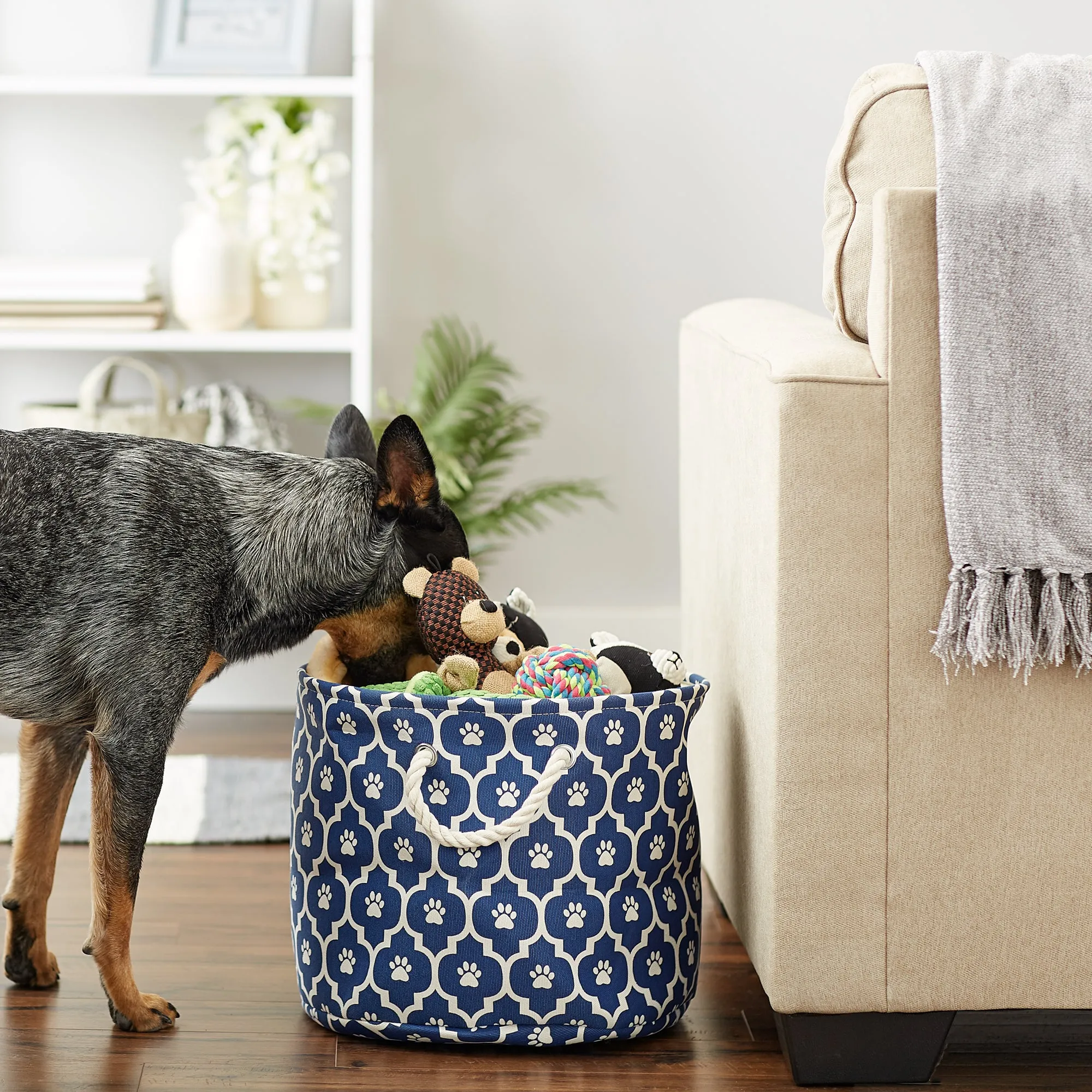 Storage Bin, Lattice Paw Print, Nautical Blue, Medium Round - 15x12"