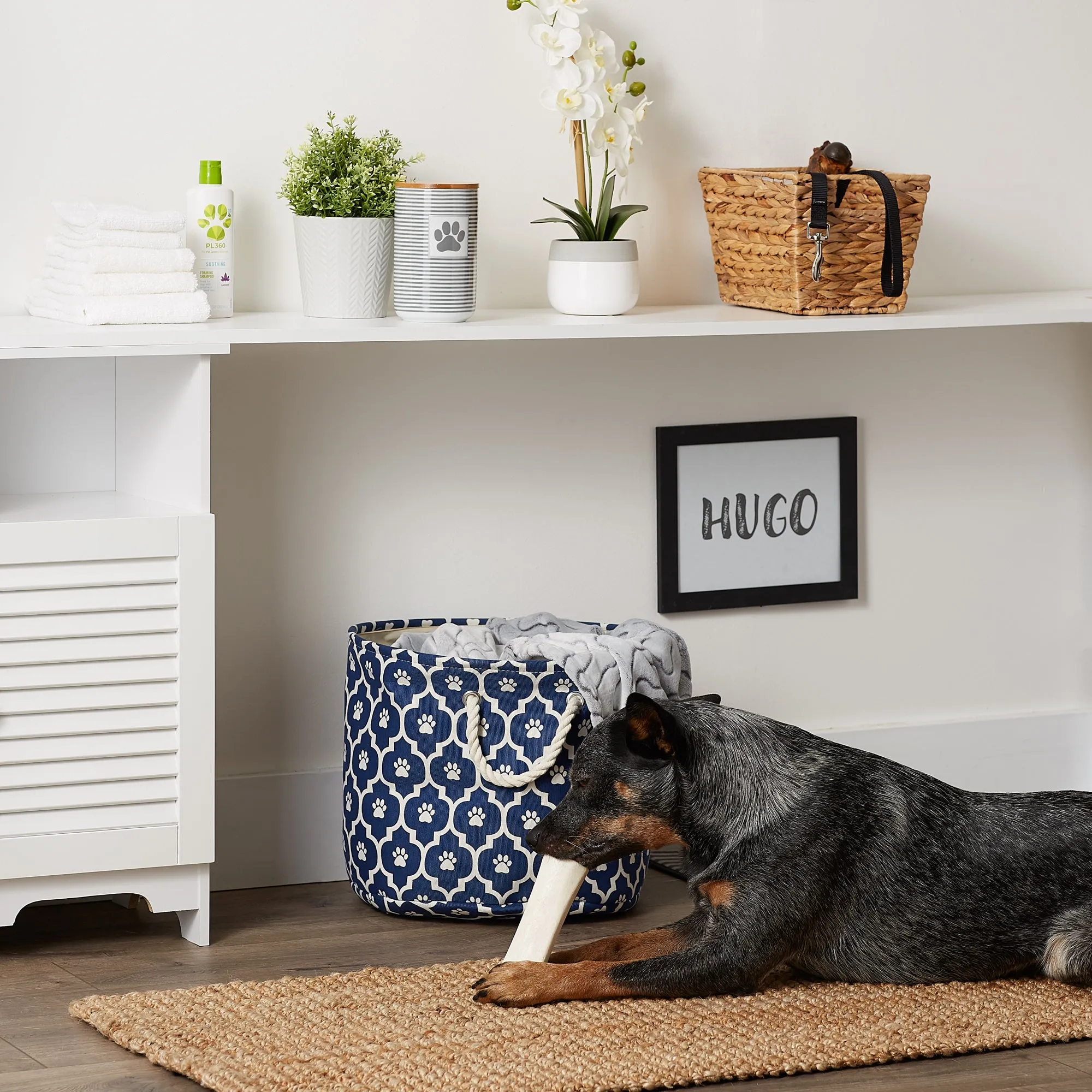 Storage Bin, Lattice Paw Print, Nautical Blue, Medium Round - 15x12"