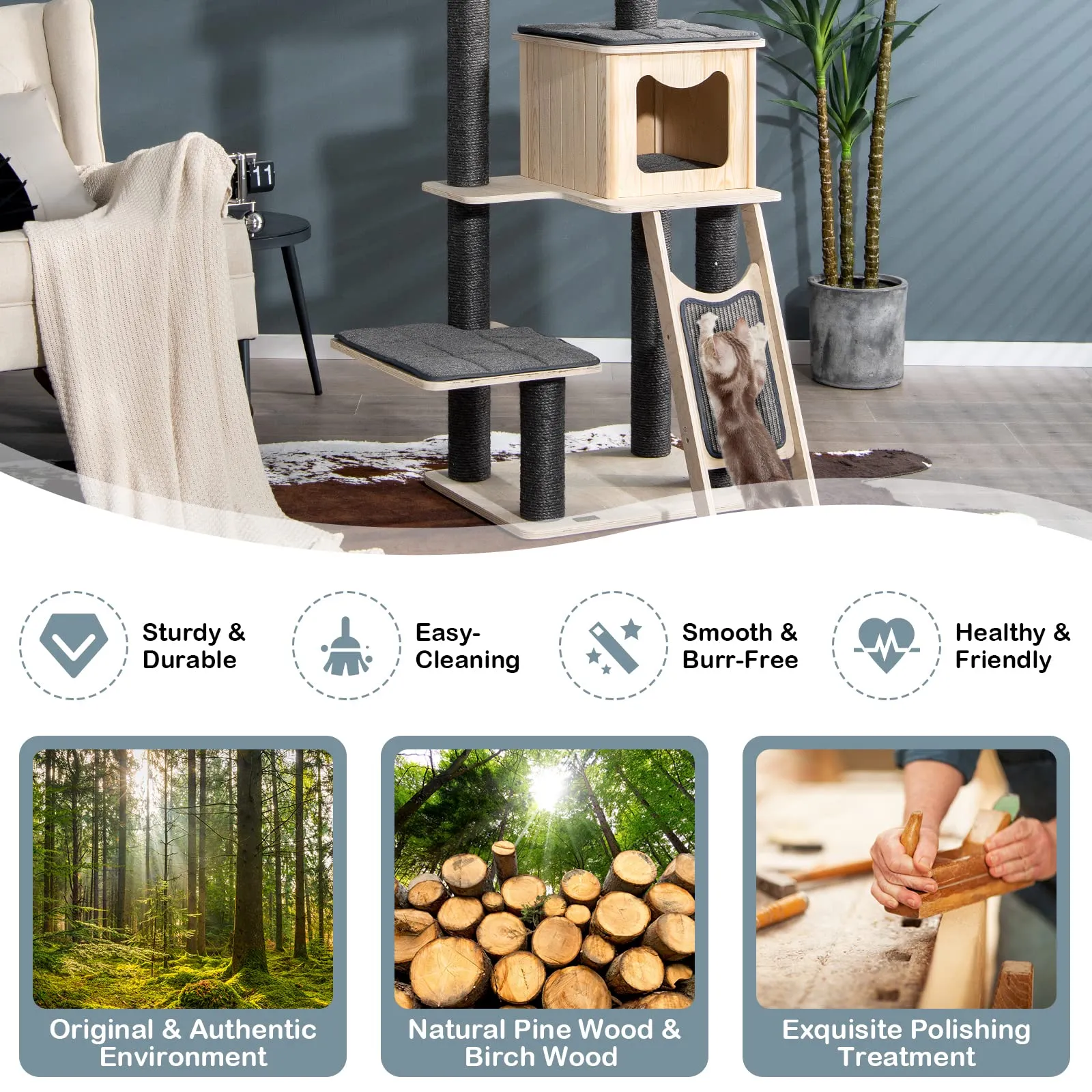 Tangkula Tall Cat Tree, 69 Inch 5-Tier Wood Cat Tower with Scratching Sisal Posts, Top Perch, Cute Cat Condo