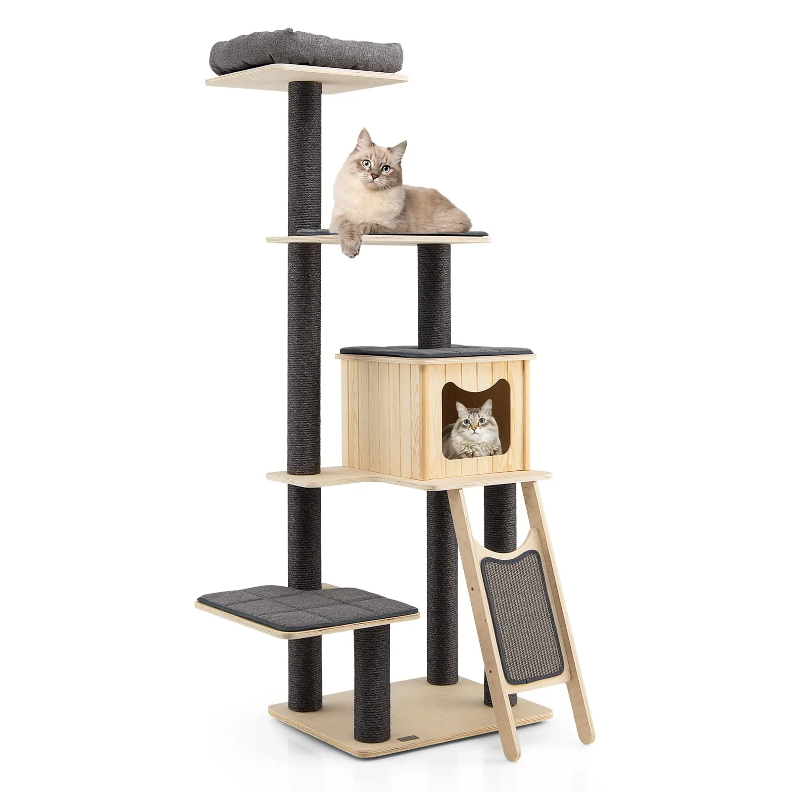 Tangkula Tall Cat Tree, 69 Inch 5-Tier Wood Cat Tower with Scratching Sisal Posts, Top Perch, Cute Cat Condo