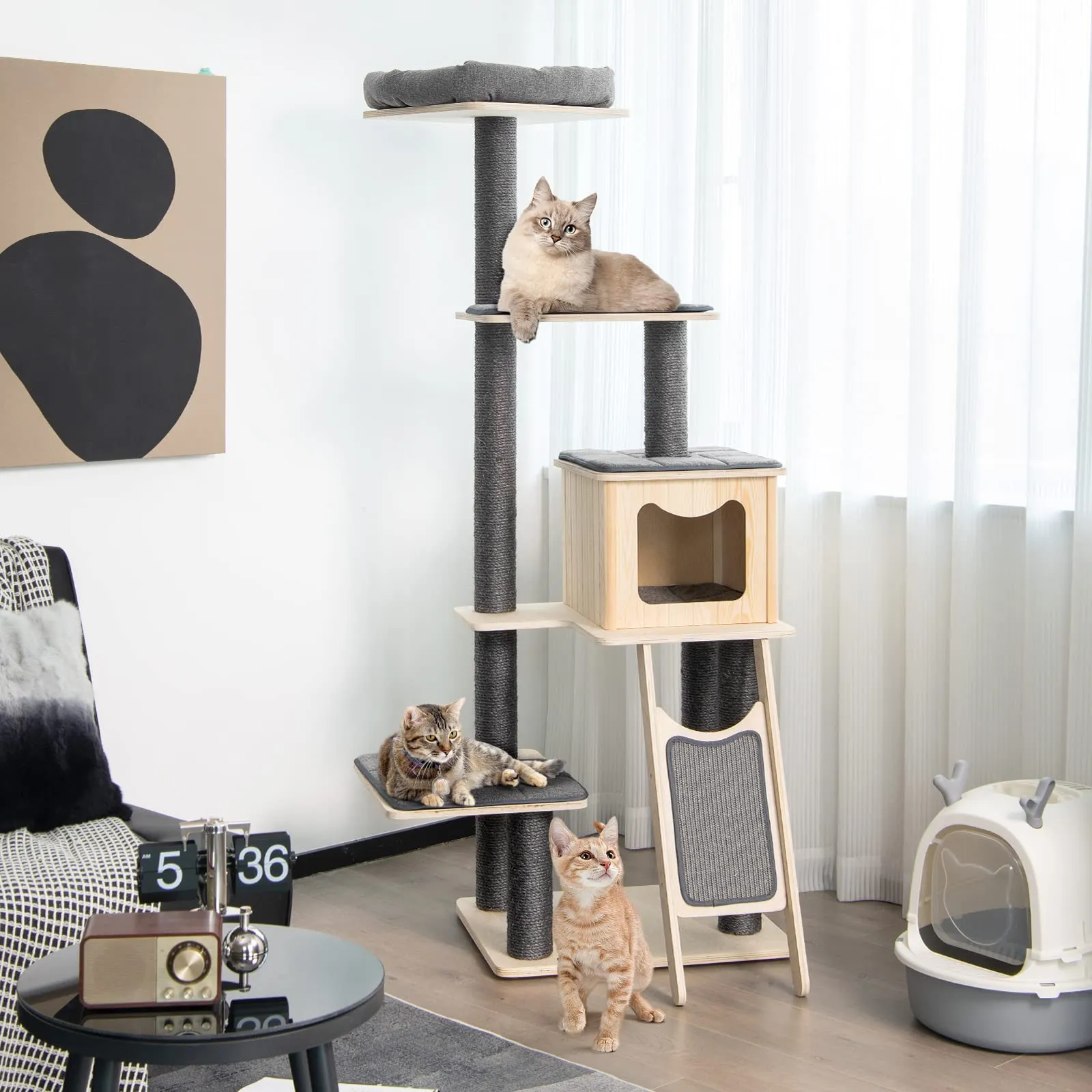 Tangkula Tall Cat Tree, 69 Inch 5-Tier Wood Cat Tower with Scratching Sisal Posts, Top Perch, Cute Cat Condo