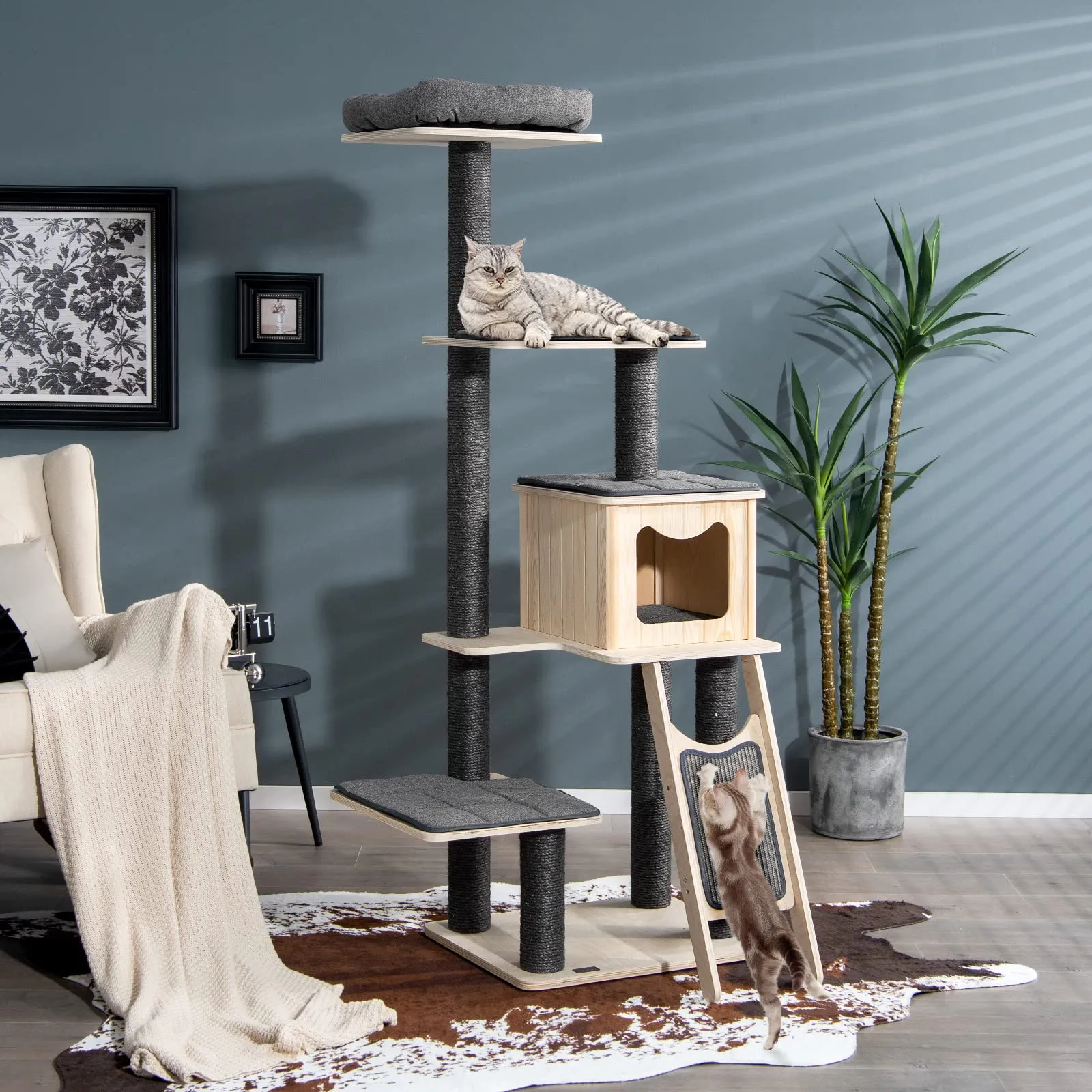 Tangkula Tall Cat Tree, 69 Inch 5-Tier Wood Cat Tower with Scratching Sisal Posts, Top Perch, Cute Cat Condo
