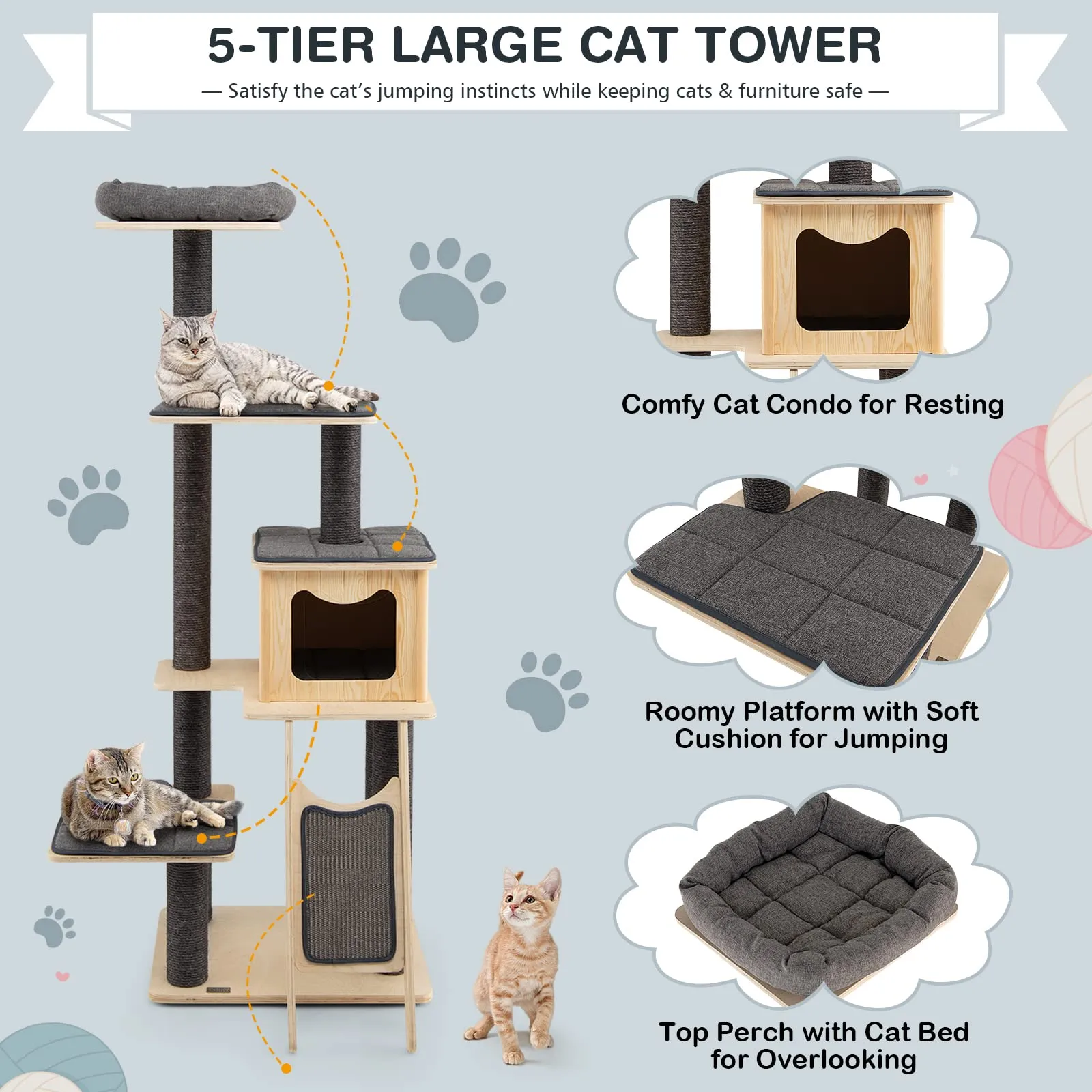 Tangkula Tall Cat Tree, 69 Inch 5-Tier Wood Cat Tower with Scratching Sisal Posts, Top Perch, Cute Cat Condo
