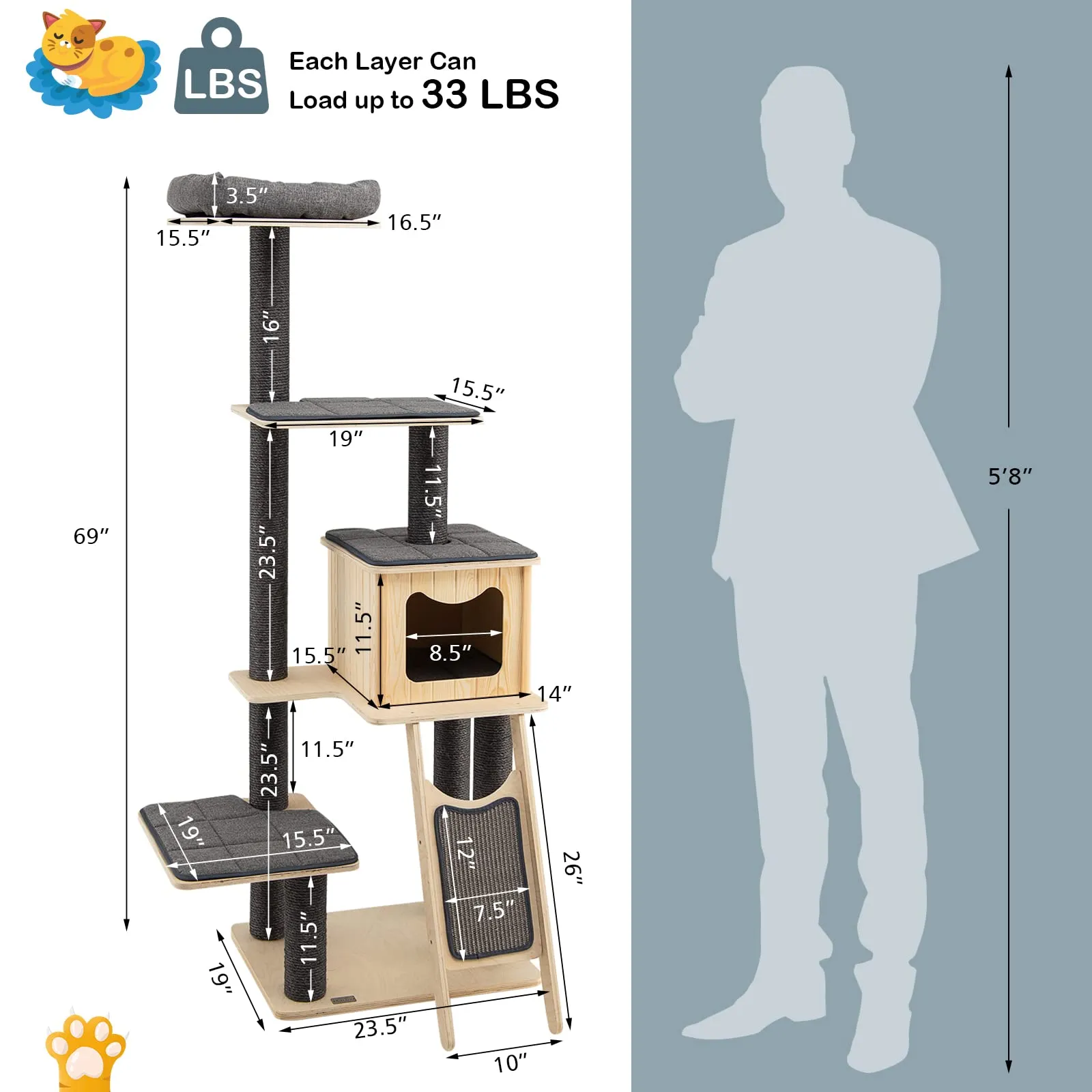 Tangkula Tall Cat Tree, 69 Inch 5-Tier Wood Cat Tower with Scratching Sisal Posts, Top Perch, Cute Cat Condo