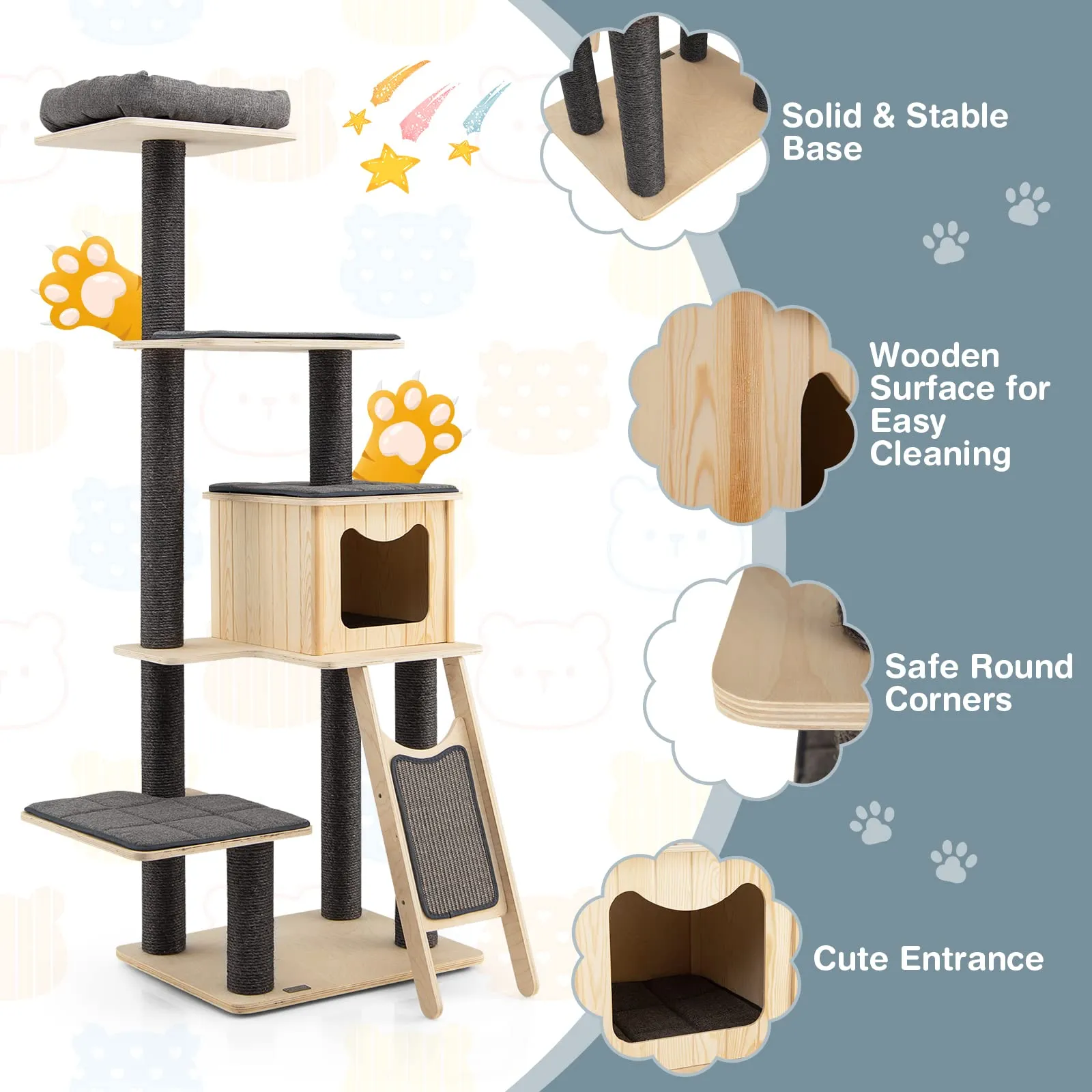 Tangkula Tall Cat Tree, 69 Inch 5-Tier Wood Cat Tower with Scratching Sisal Posts, Top Perch, Cute Cat Condo