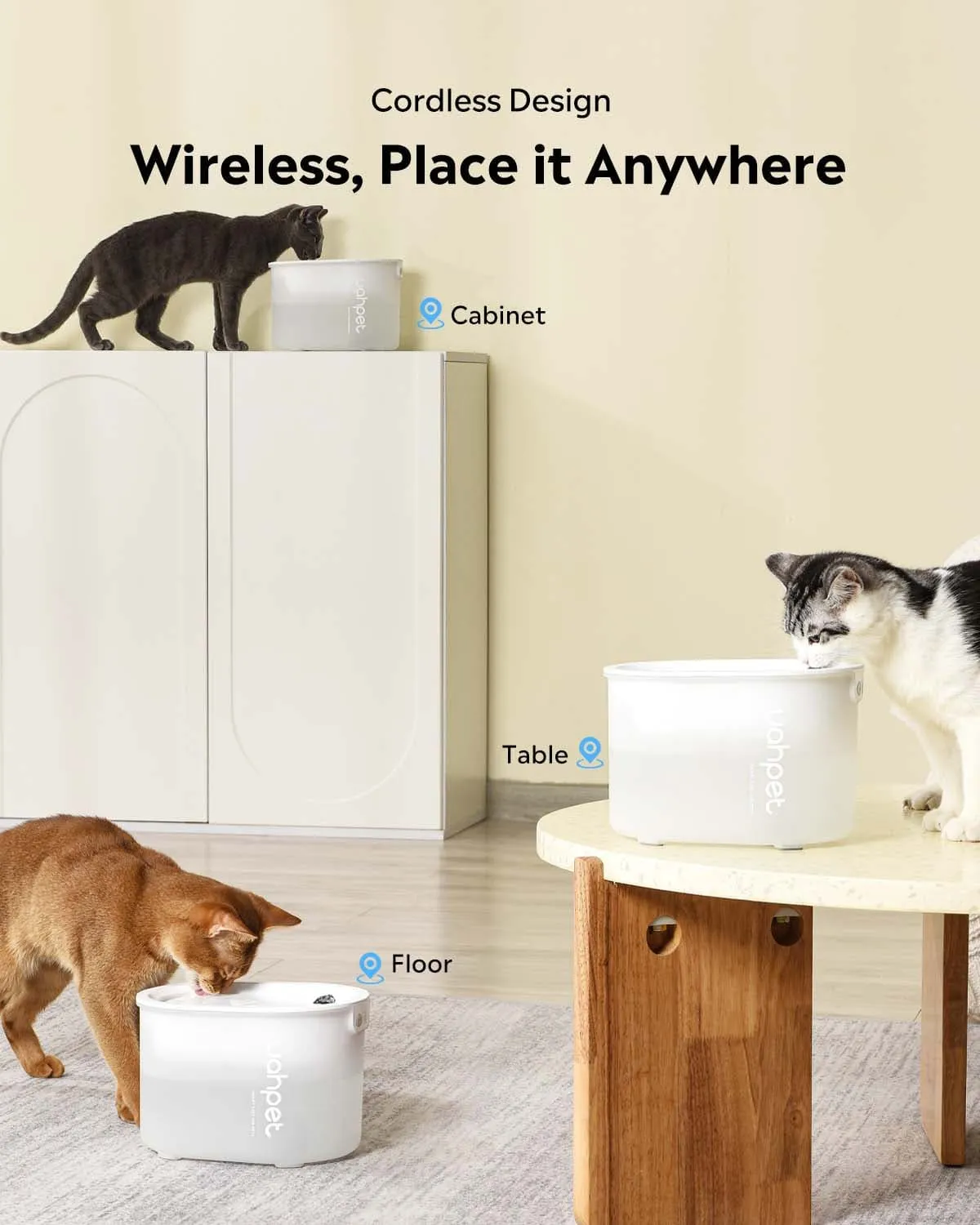 Uah Pet Cordless Cat Water Fountain with LED Light