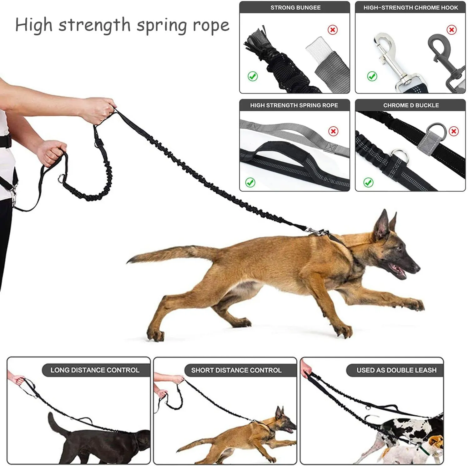 Waist Leash for Dog Walking - Hands Free Dog Leash with Multi Pouches, Wide Back Support Belt Bungee Dog Leash, Dog Waist Belt Leash for Walking, Running, Hiking, Training Leash (Black NO Leash)