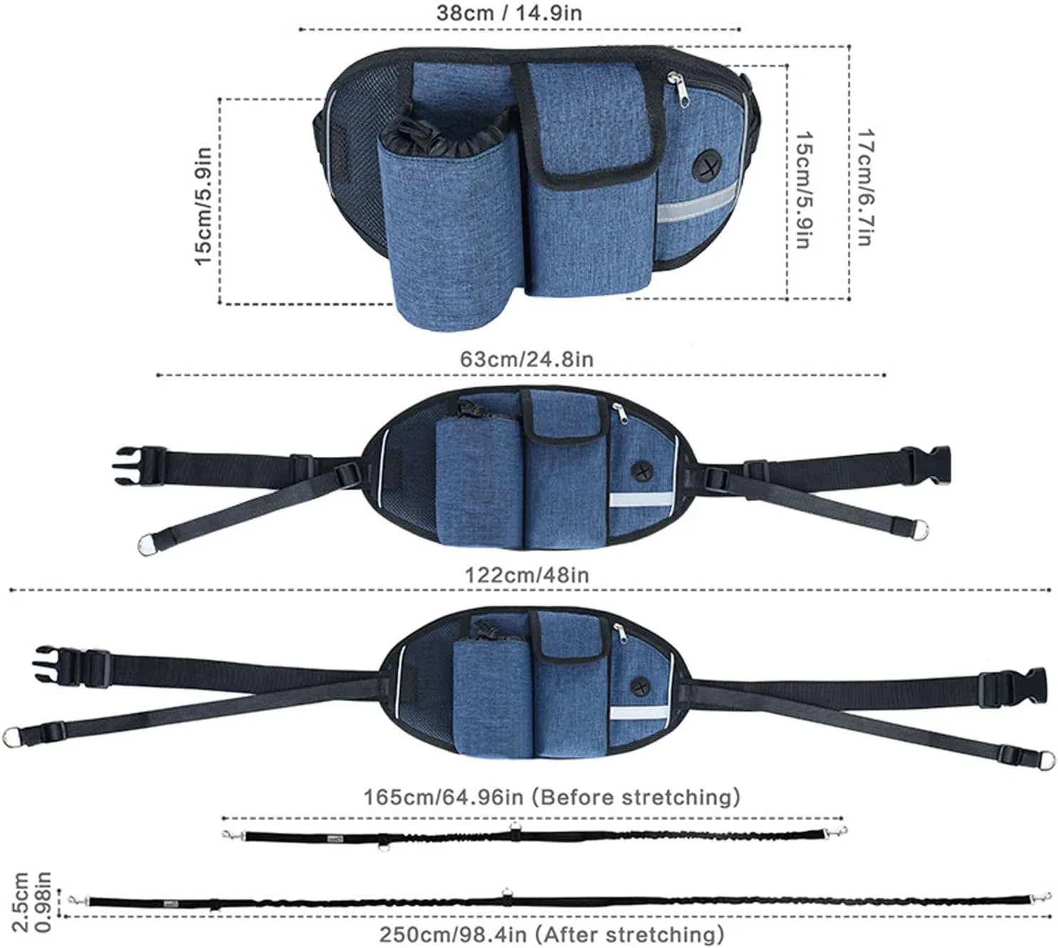Waist Leash for Dog Walking - Hands Free Dog Leash with Multi Pouches, Wide Back Support Belt Bungee Dog Leash, Dog Waist Belt Leash for Walking, Running, Hiking, Training Leash (Black NO Leash)