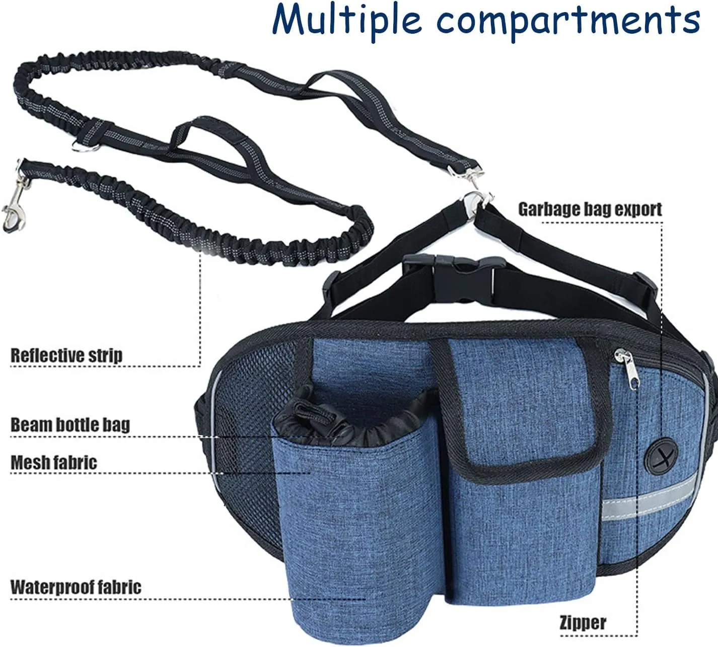 Waist Leash for Dog Walking - Hands Free Dog Leash with Multi Pouches, Wide Back Support Belt Bungee Dog Leash, Dog Waist Belt Leash for Walking, Running, Hiking, Training Leash (Black NO Leash)