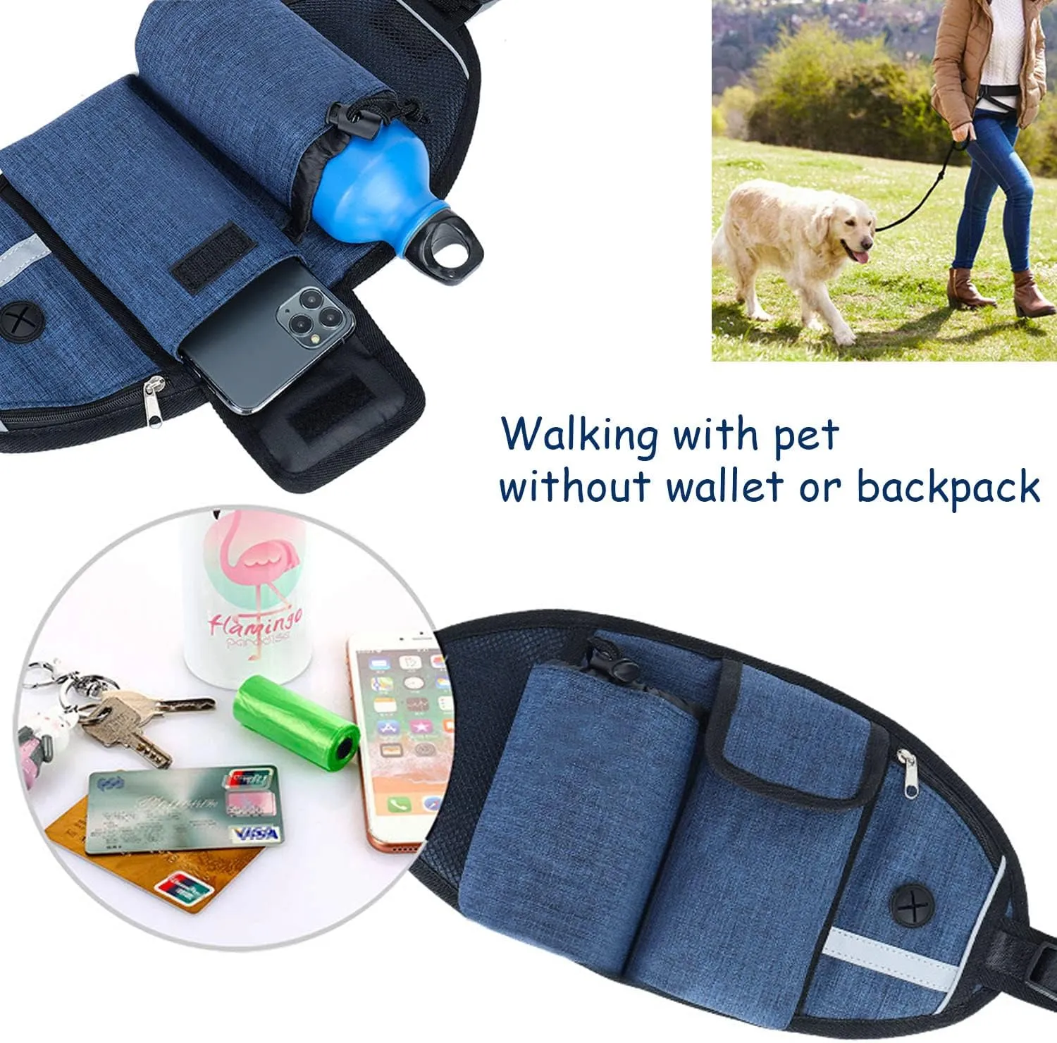 Waist Leash for Dog Walking - Hands Free Dog Leash with Multi Pouches, Wide Back Support Belt Bungee Dog Leash, Dog Waist Belt Leash for Walking, Running, Hiking, Training Leash (Black NO Leash)