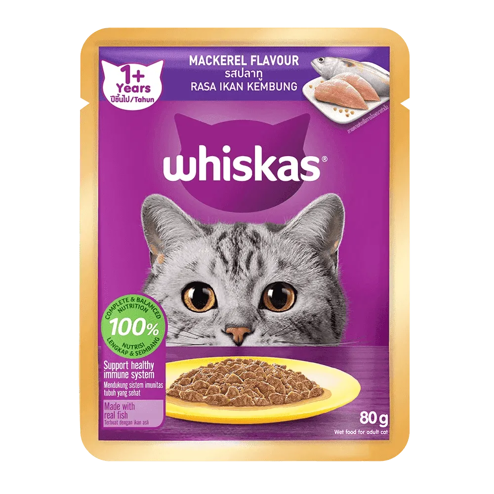 Whiskas Adult Cat Pouch (1  year) – Mackerel In Jelly 85g