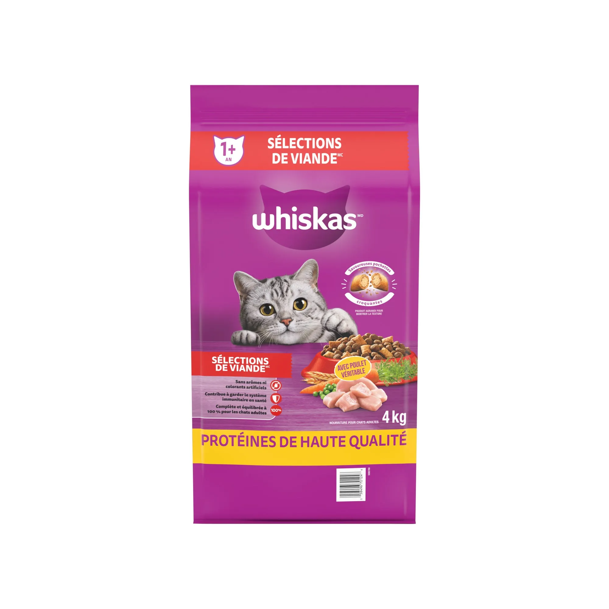 WHISKAS Adult Dry Cat Food Meaty Selections with Real Chicken, 4 kg