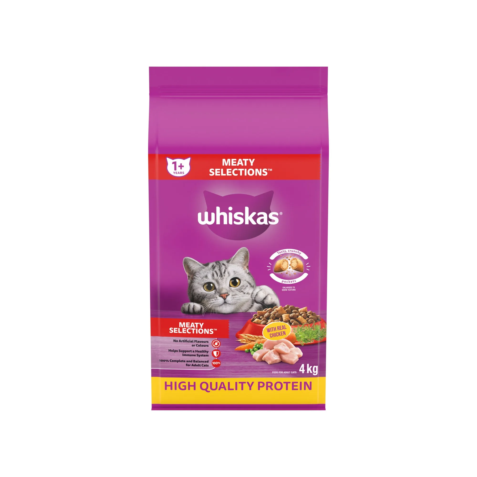 WHISKAS Adult Dry Cat Food Meaty Selections with Real Chicken, 4 kg