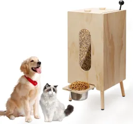 Wooden Dog Feeding Station with Elevated Bowls, Pull Lever Pet Food Storage Cabinet, Dry Kibble Dispenser for Small/Medium/Large Breeds, Stylish & Functional Pet Furniture