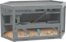 Wooden Large Hamster Cage Small Animal Exercise Play House 3 Tier with Tray, Seesaws, Water Bottle, Activity Center, Gray