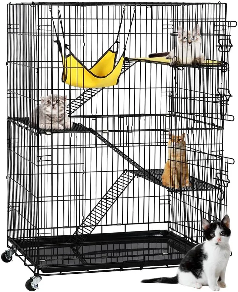Yaheetech 49'' Collapsible Cat Cage 4-Tier Metal Cat Kennel Ferret Enclosure Chinchilla Cage with Rotating Casters/Ramp/Ladders/Hammock for Indoor Kitten
