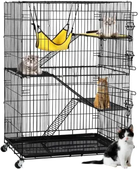 Yaheetech 49'' Collapsible Cat Cage 4-Tier Metal Cat Kennel Ferret Enclosure Chinchilla Cage with Rotating Casters/Ramp/Ladders/Hammock for Indoor Kitten