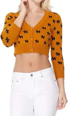 YEMAK Women's Knit Cardigan Sweater  3/4 Sleeve Button Down Crewneck Cute Cat Dog Pattern Casual Lightweight Knitted Top